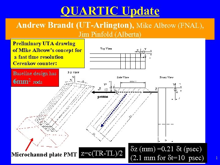 QUARTIC Update Andrew Brandt (UT-Arlington), Mike Albrow (FNAL), Jim Pinfold (Alberta) Preliminary UTA drawing