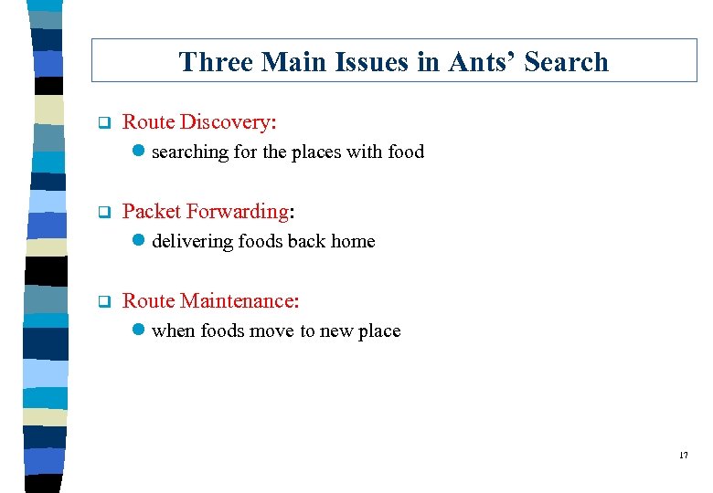 Three Main Issues in Ants’ Search q Route Discovery: l searching for the places