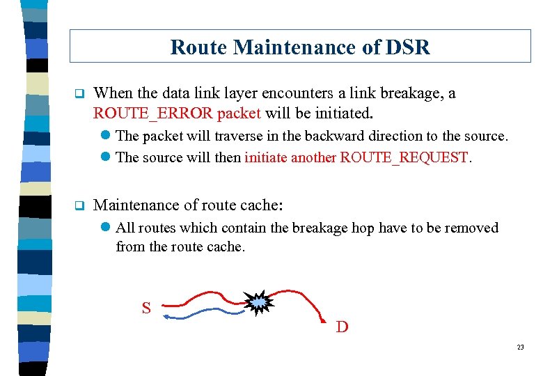 Route Maintenance of DSR q When the data link layer encounters a link breakage,