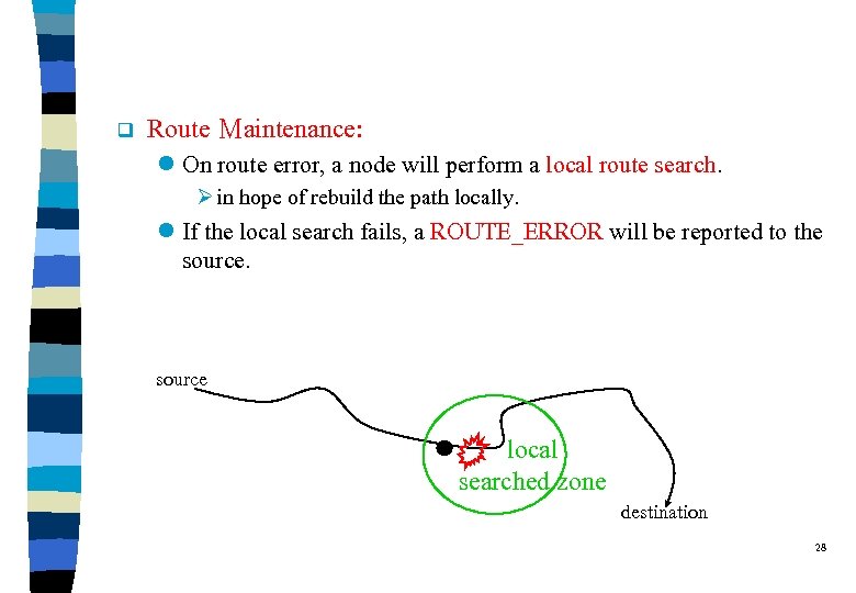 q Route Ｍaintenance: l On route error, a node will perform a local route