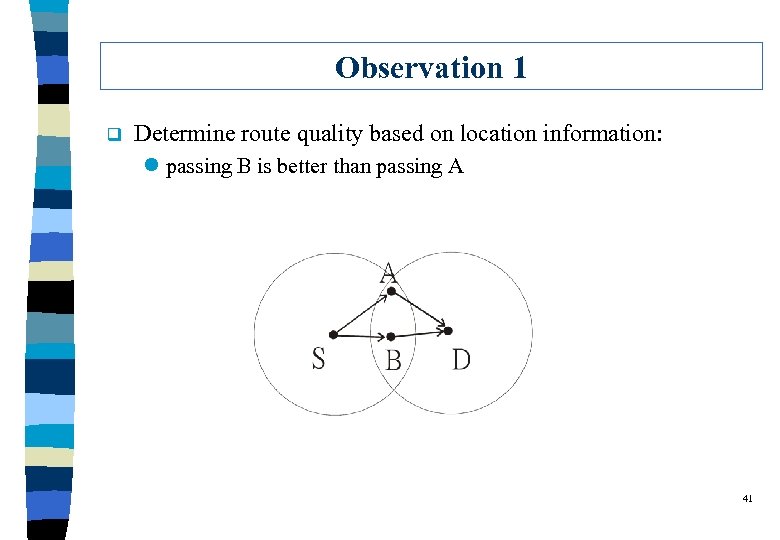 Observation 1 q Determine route quality based on location information: l passing B is