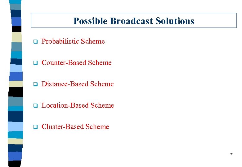 Possible Broadcast Solutions q Probabilistic Scheme q Counter-Based Scheme q Distance-Based Scheme q Location-Based