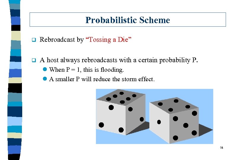 Probabilistic Scheme q Rebroadcast by “Tossing a Die” q A host always rebroadcasts with