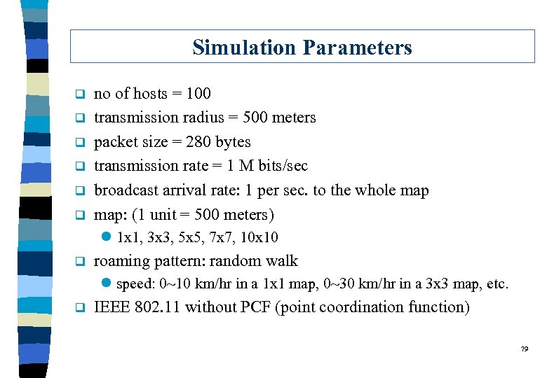 Simulation Parameters q q q no of hosts = 100 transmission radius = 500