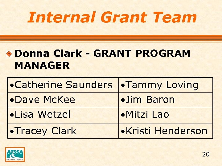 Internal Grant Team Donna Clark - GRANT PROGRAM MANAGER • Catherine Saunders • Tammy