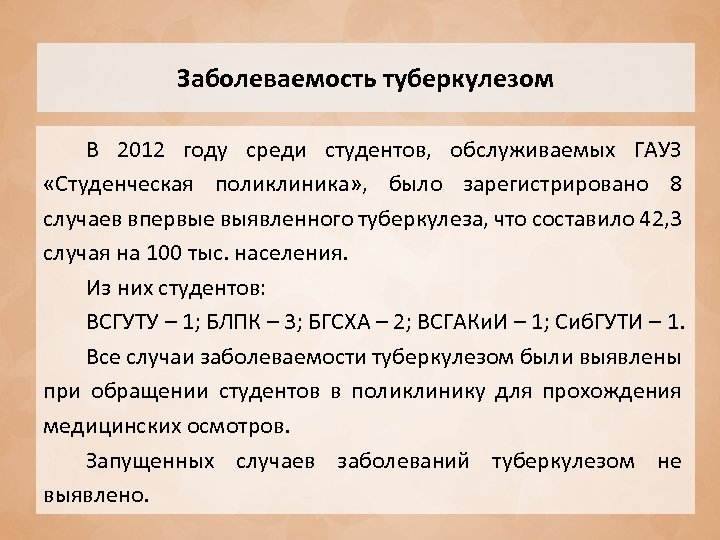 Заболеваемость туберкулезом В 2012 году среди студентов, обслуживаемых ГАУЗ «Студенческая поликлиника» , было зарегистрировано