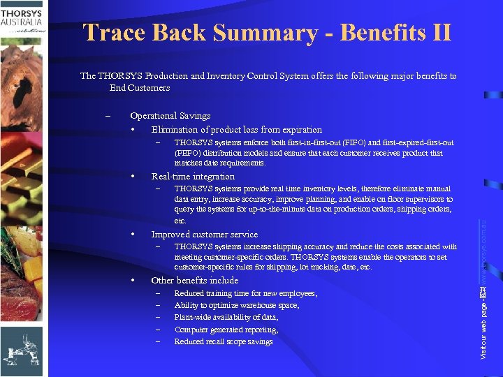 Trace Back Summary - Benefits II The THORSYS Production and Inventory Control System offers