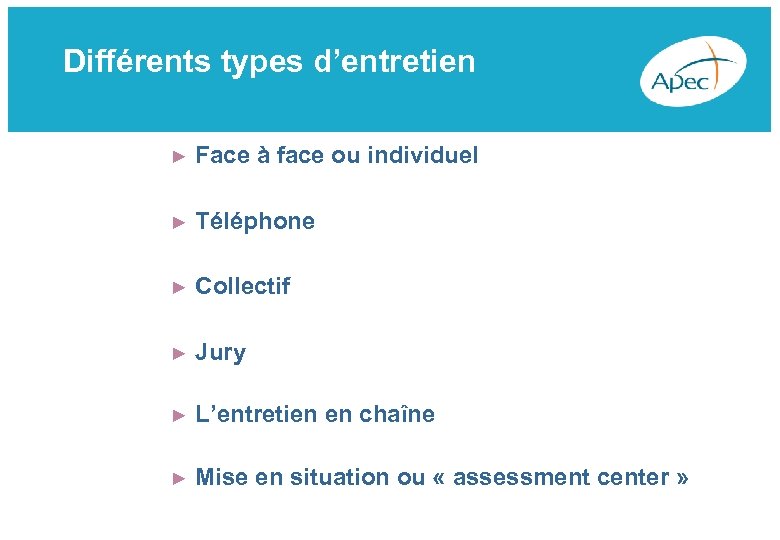 Différents types d’entretien ► Face à face ou individuel ► Téléphone ► Collectif ►