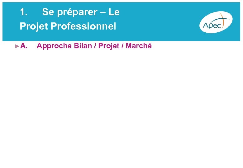 1. Se préparer – Le Projet Professionnel ►A. Approche Bilan / Projet / Marché