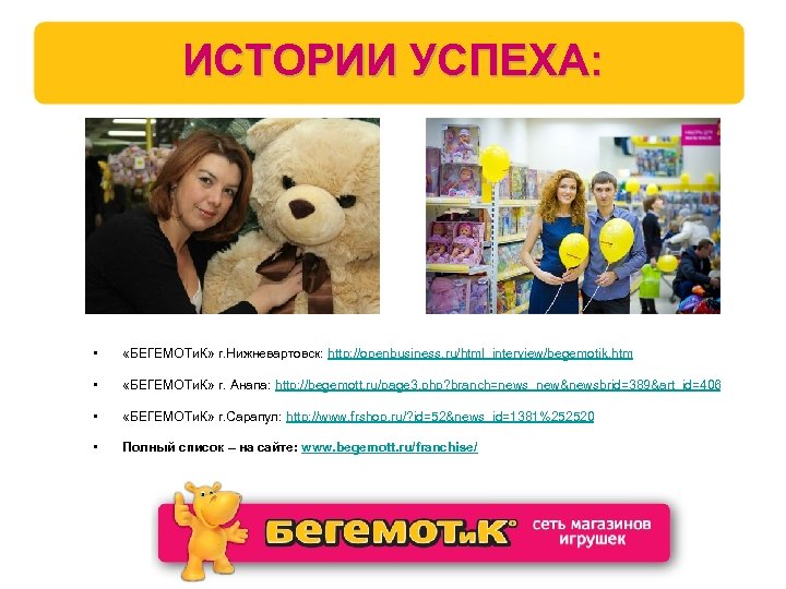 ИСТОРИИ УСПЕХА: • «БЕГЕМОТи. К» г. Нижневартовск: http: //openbusiness. ru/html_interview/begemotik. htm • «БЕГЕМОТи. К»