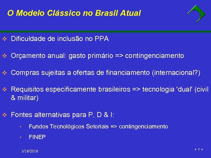 O Modelo Clássico no Brasil Atual v Dificuldade de inclusão no PPA v Orçamento