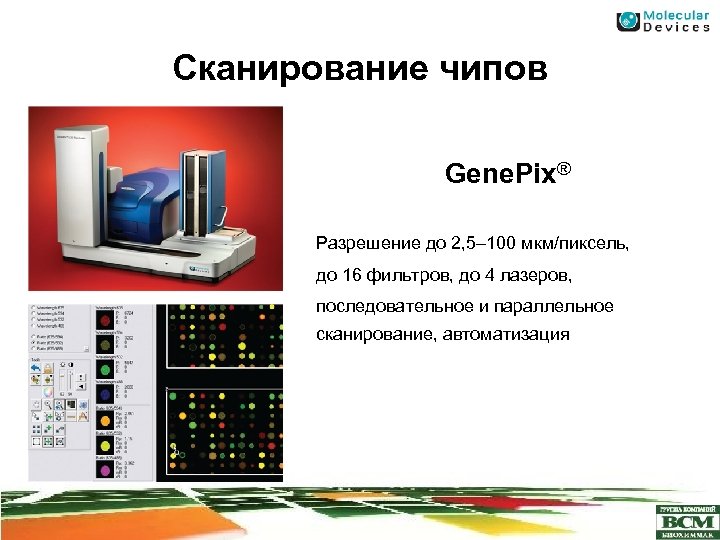 Сканирование чипов Gene. Pix® Разрешение до 2, 5– 100 мкм/пиксель, до 16 фильтров, до