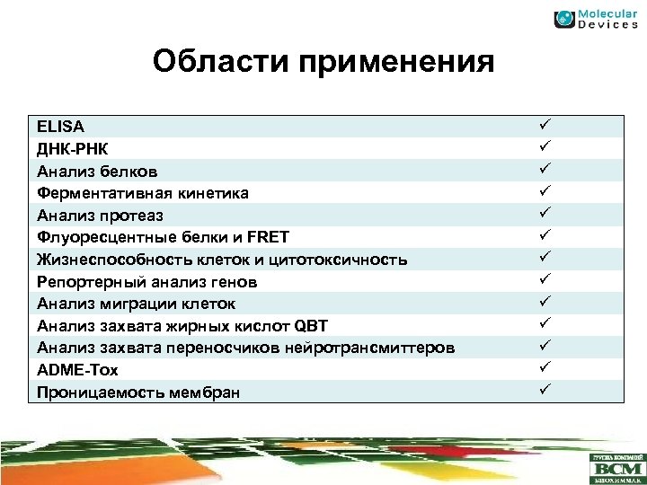 Области применения ЕLISA ДНК-РНК Анализ белков Ферментативная кинетика Анализ протеаз Флуоресцентные белки и FRET