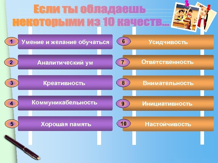 1 Умение и желание обучаться 6 Усидчивость 2 Аналитический ум 7 Ответственность 3 Креативность