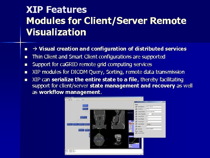 XIP Features Modules for Client/Server Remote Visualization n n Visual creation and configuration of