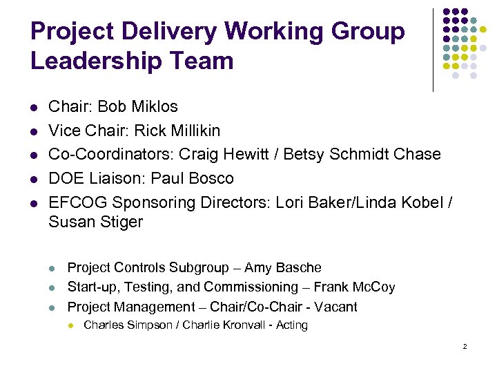 Project Delivery Working Group Leadership Team l l l Chair: Bob Miklos Vice Chair: