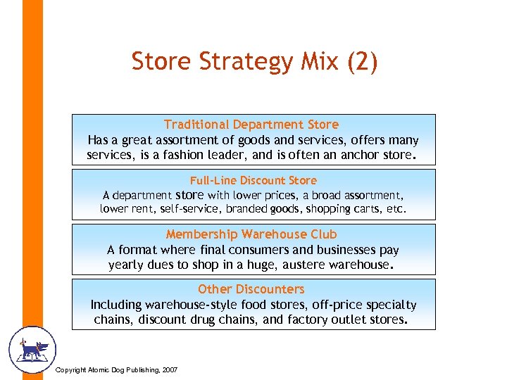 Store Strategy Mix (2) Traditional Department Store Has a great assortment of goods and