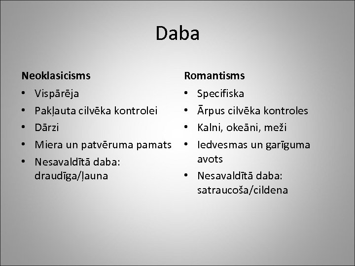 Daba Neoklasicisms • • • Vispārēja Pakļauta cilvēka kontrolei Dārzi Miera un patvēruma pamats