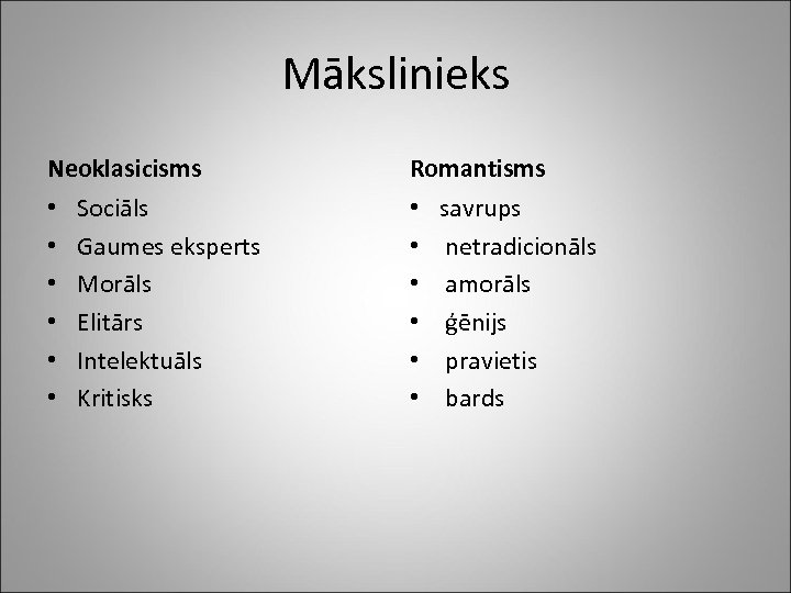 Mākslinieks Neoklasicisms • • • Sociāls Gaumes eksperts Morāls Elitārs Intelektuāls Kritisks Romantisms •