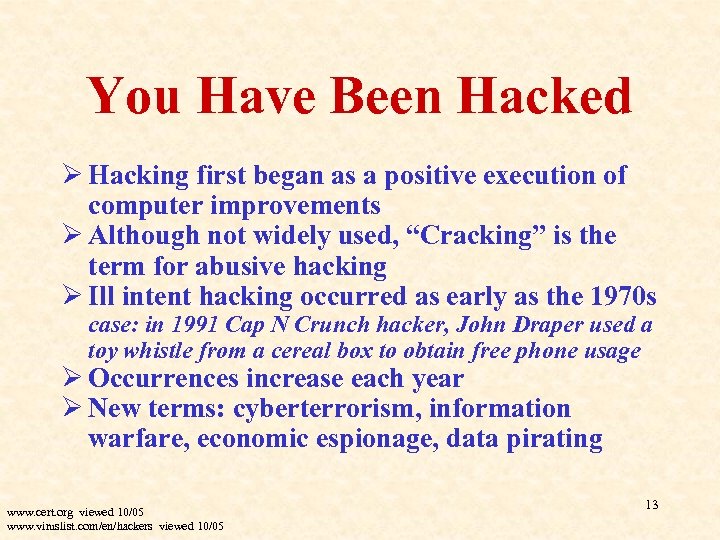 You Have Been Hacked Ø Hacking first began as a positive execution of computer