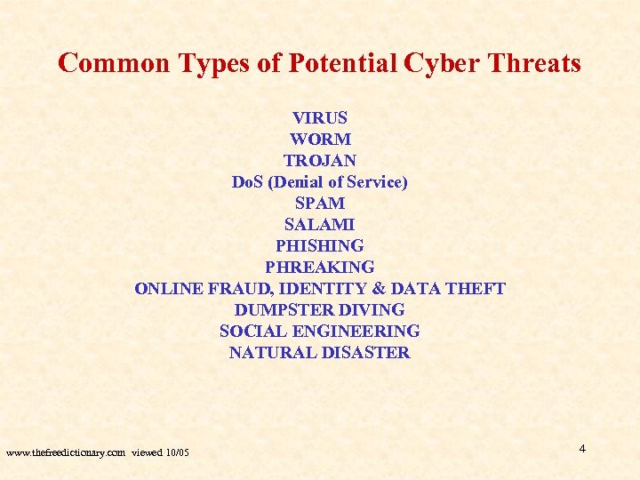 Common Types of Potential Cyber Threats VIRUS WORM TROJAN Do. S (Denial of Service)