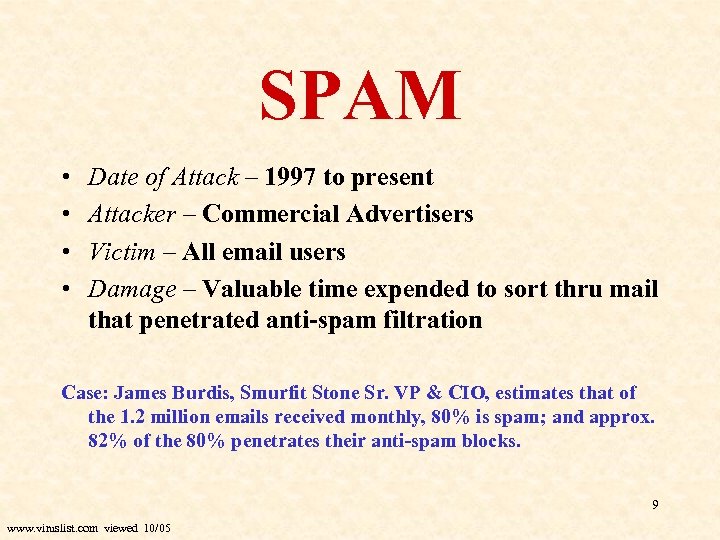 SPAM • • Date of Attack – 1997 to present Attacker – Commercial Advertisers