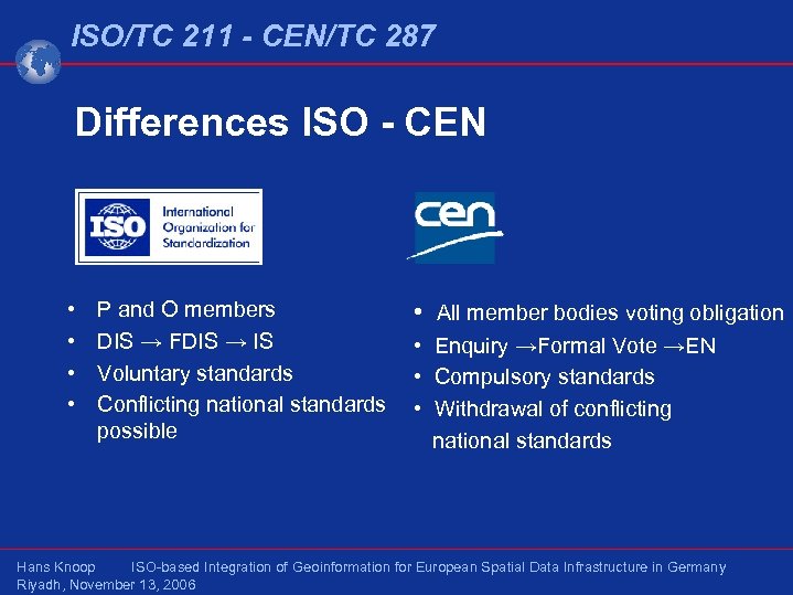 ISO/TC 211 - CEN/TC 287 Differences ISO - CEN • • P and O