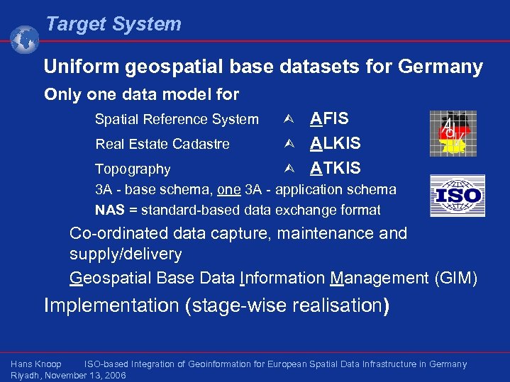 Target System Uniform geospatial base datasets for Germany Only one data model for Spatial