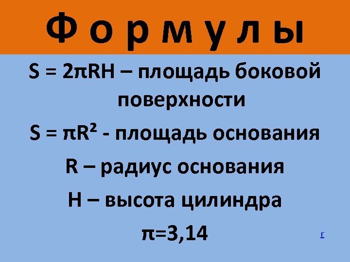 Формулы S = 2πRH – площадь боковой поверхности S = πR² - площадь основания