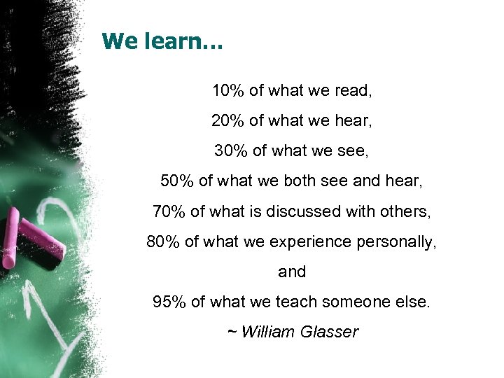 We learn… 10% of what we read, 20% of what we hear, 30% of
