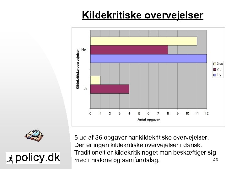 Kildekritiske overvejelser 5 ud af 36 opgaver har kildekritiske overvejelser. Der er ingen kildekritiske