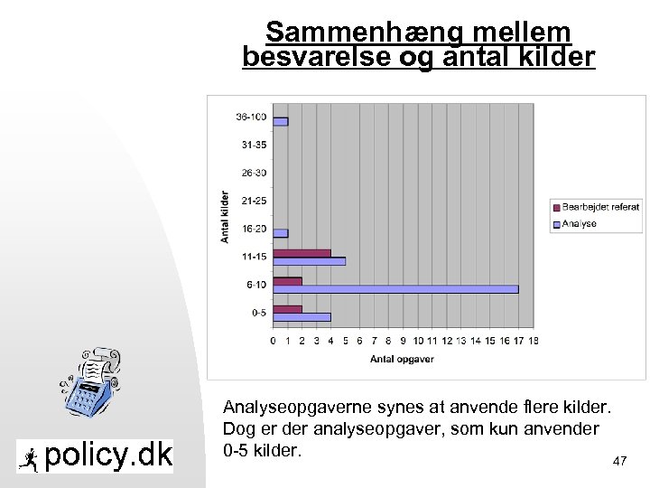 Sammenhæng mellem besvarelse og antal kilder Analyseopgaverne synes at anvende flere kilder. Dog er