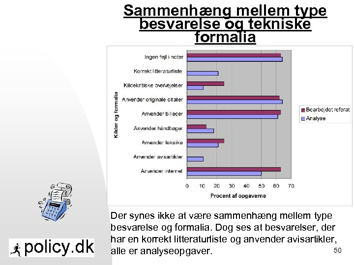 Sammenhæng mellem type besvarelse og tekniske formalia Der synes ikke at være sammenhæng mellem