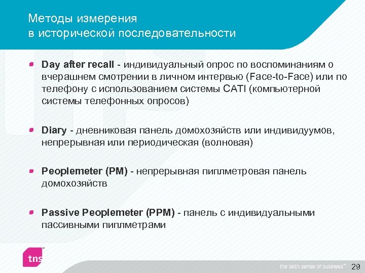 Методы измерения в исторической последовательности Day after recall - индивидуальный опрос по воспоминаниям о