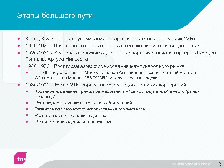Этапы большого пути Конец XIX в. - первые упоминания о маркетинговых исследованиях (MR) 1910