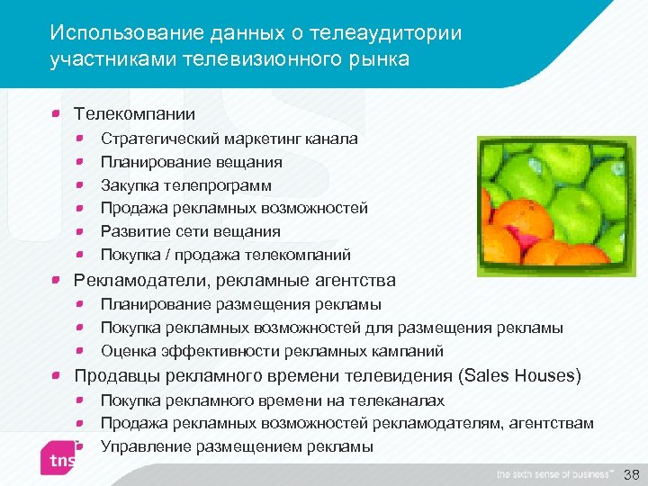 Использование данных о телеаудитории участниками телевизионного рынка Телекомпании Стратегический маркетинг канала Планирование вещания Закупка
