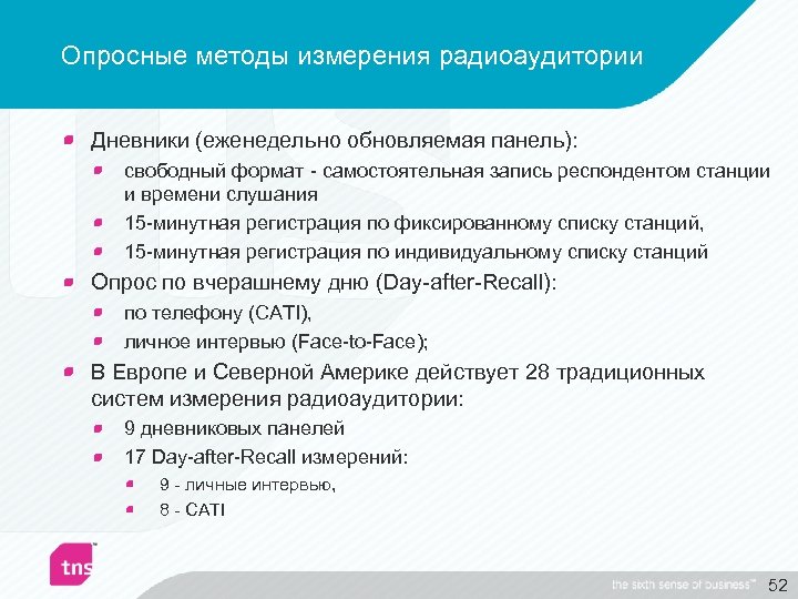 Опросные методы измерения радиоаудитории Дневники (еженедельно обновляемая панель): свободный формат - самостоятельная запись респондентом