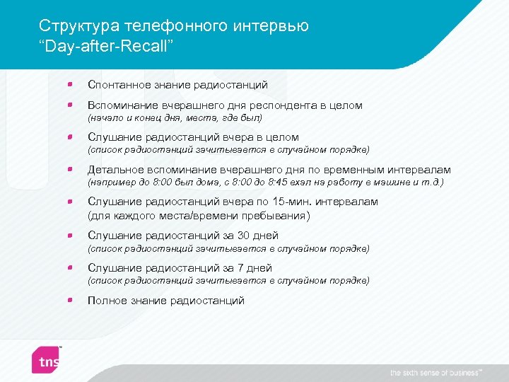 Структура телефонного интервью “Day-after-Recall” Спонтанное знание радиостанций Вспоминание вчерашнего дня респондента в целом (начало