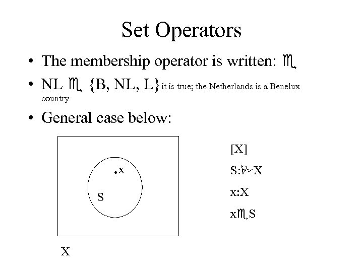 Set Operators • The membership operator is written: e • NL e {B, NL,