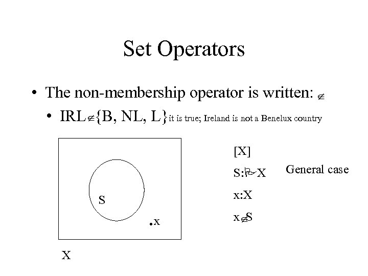 Set Operators • The non membership operator is written: • IRL {B, NL, L}it