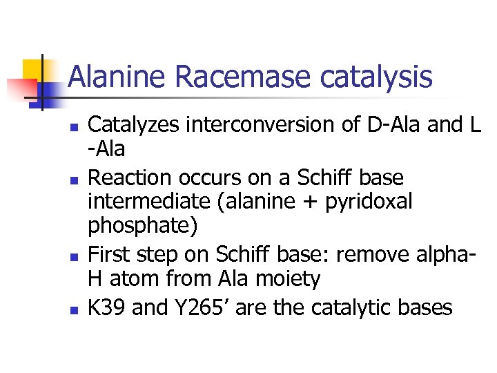 Alanine Racemase catalysis n n Catalyzes interconversion of D-Ala and L -Ala Reaction occurs