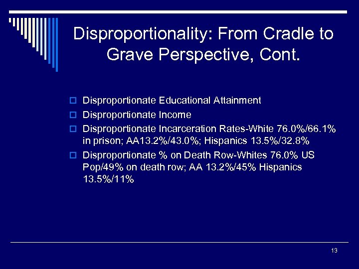 Disproportionality: From Cradle to Grave Perspective, Cont. o Disproportionate Educational Attainment o Disproportionate Income
