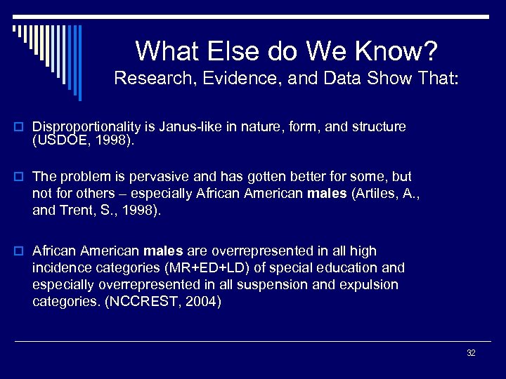 What Else do We Know? Research, Evidence, and Data Show That: o Disproportionality is