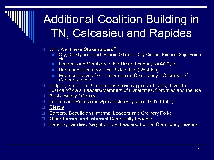 Additional Coalition Building in TN, Calcasieu and Rapides o Who Are These Stakeholders? :