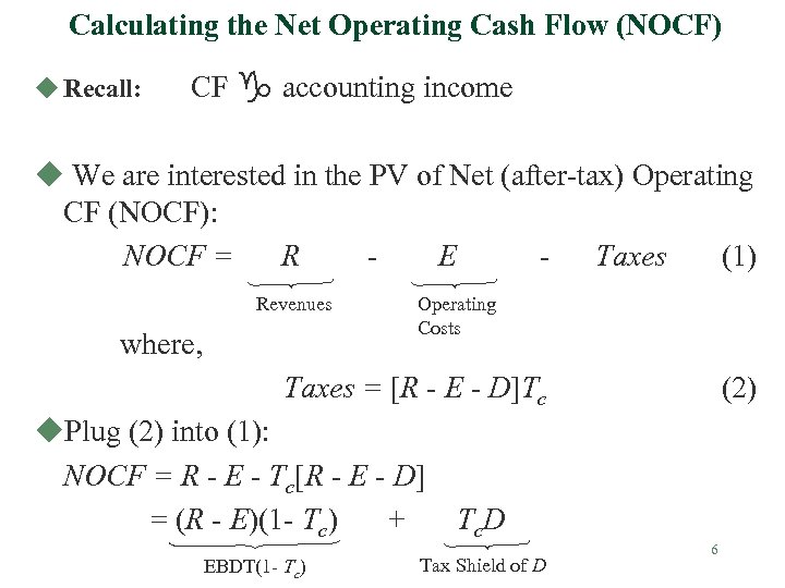 Calculating the Net Operating Cash Flow (NOCF) u Recall: CF g accounting income u