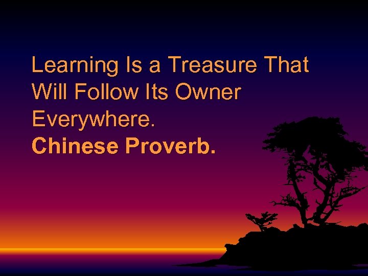Learning Is a Treasure That Will Follow Its Owner Everywhere. Chinese Proverb. 