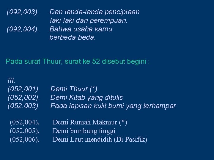 (092, 003). (092, 004). Dan tanda-tanda penciptaan laki-laki dan perempuan. Bahwa usaha kamu berbeda-beda.