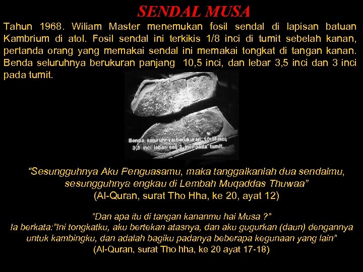 SENDAL MUSA Tahun 1968. Wiliam Master menemukan fosil sendal di lapisan batuan Kambrium di
