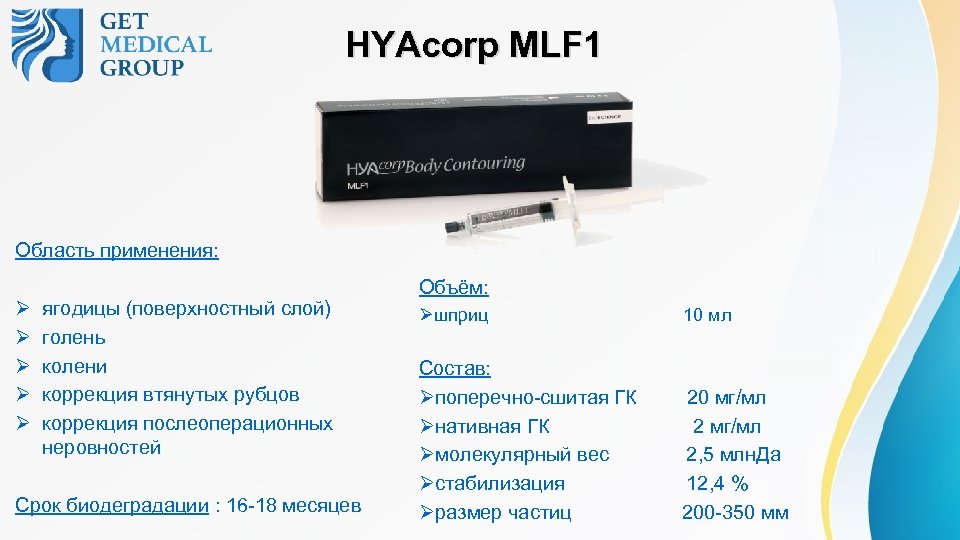 HYAcorp MLF 1 Область применения: Ø Ø Ø ягодицы (поверхностный слой) голень колени коррекция
