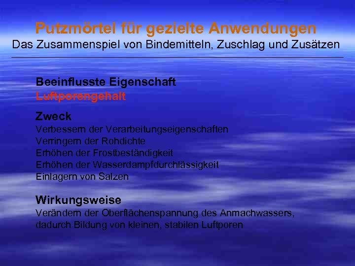 Putzmörtel für gezielte Anwendungen Das Zusammenspiel von Bindemitteln, Zuschlag und Zusätzen ___________________________________________________ Beeinflusste Eigenschaft